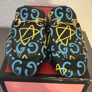 Gucci Black and Blue Mules with Gold Accents